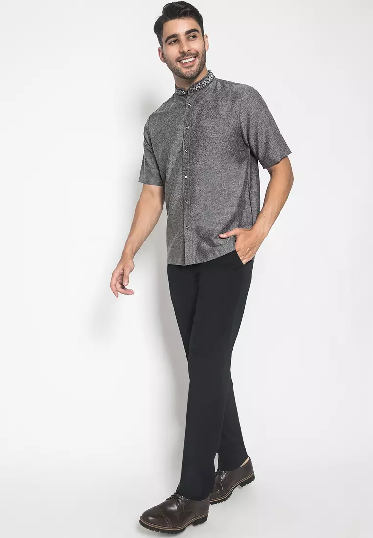 LGS - Slim Fit - Baju Koko - Kerah Bordir -Kantong Satu - Abu - JSH.385.A1015KF.311.C