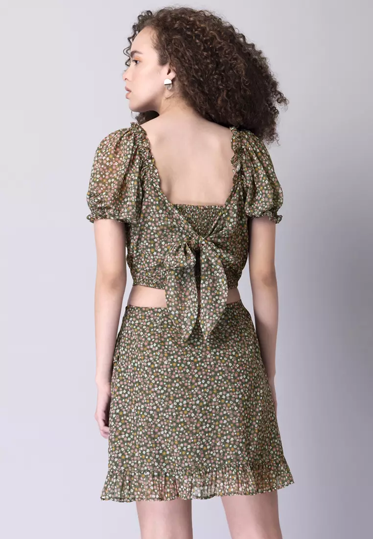 Olive Floral Smocked Top And Ruffled Mini Skirt Co-ord Set