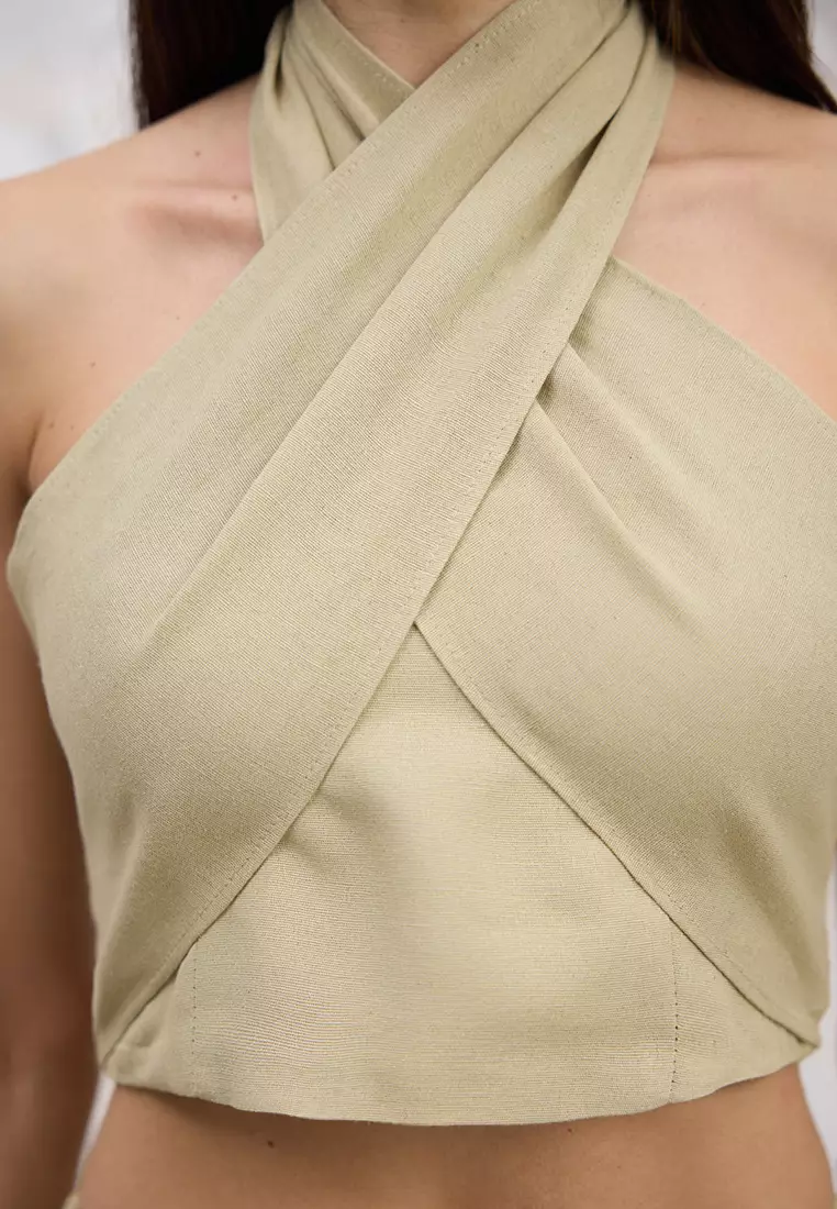 Light Khaki Linen Woven Blouse Trousers Top-Bottom Set TWOSS25AU00108