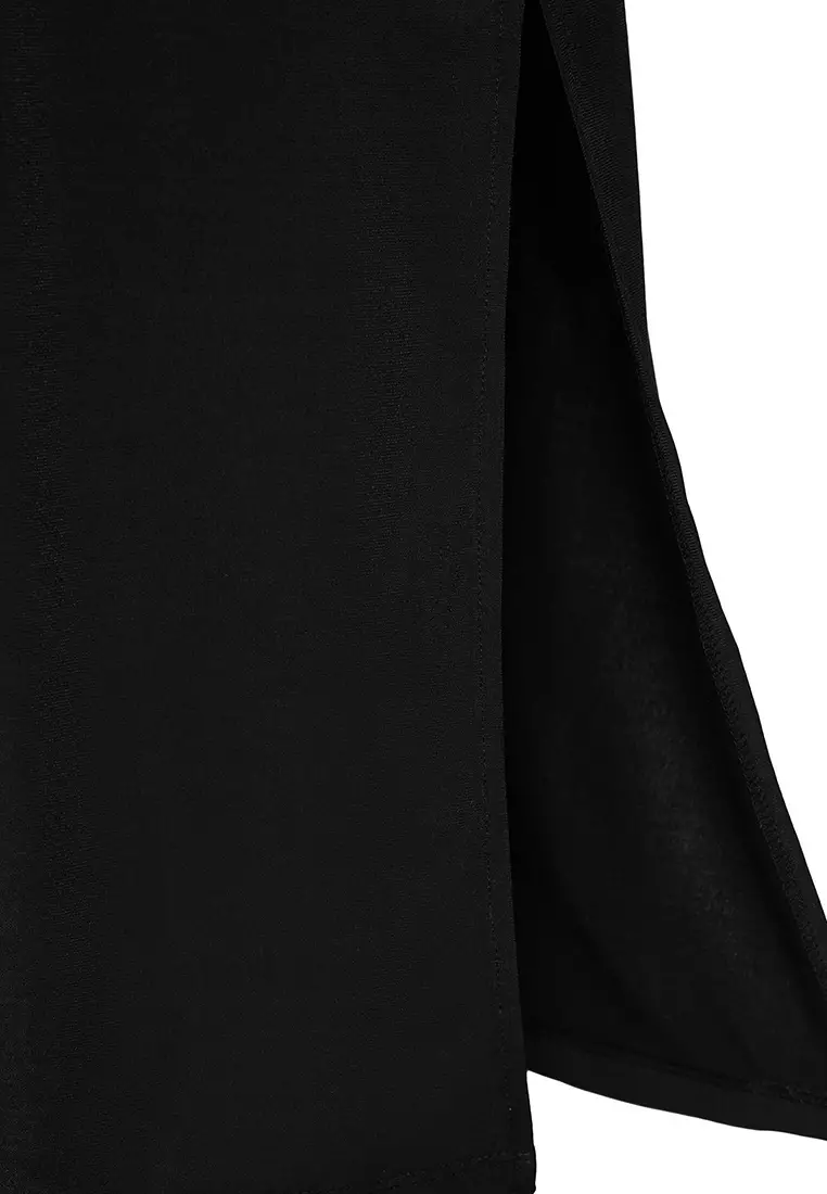 Black Tie Detail Midi V Neck Stretchy Knit Dress Tbbss25Ah00015
