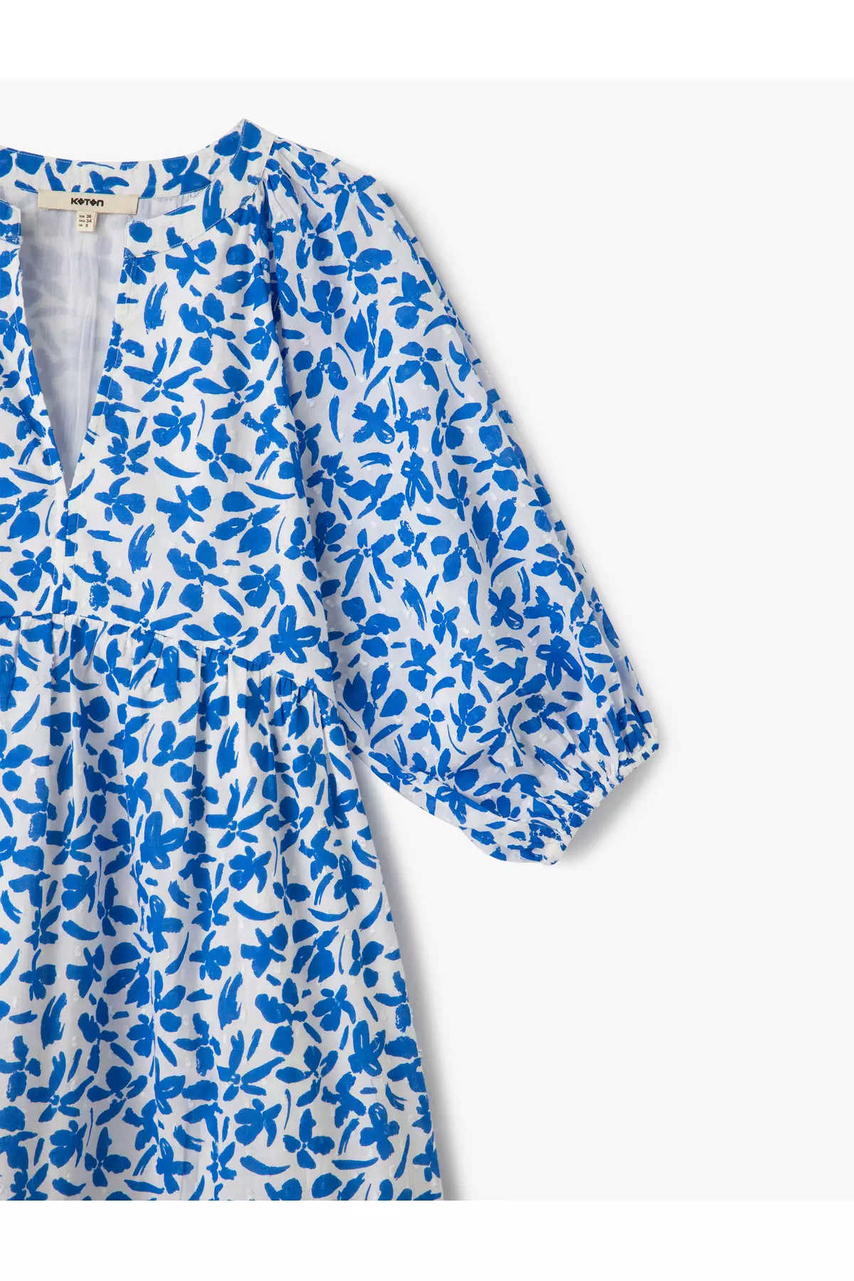 棉質內襯中式領燈籠袖長款花卉連身裙