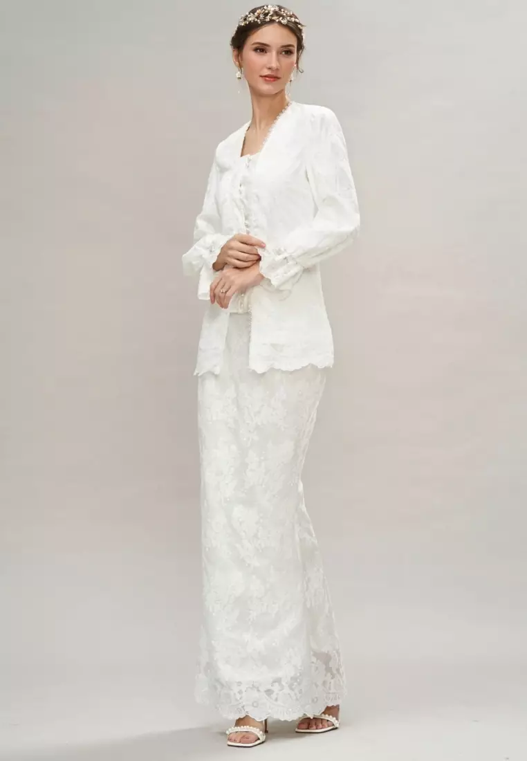 Loveaisyah White Silk Embroidery Puff Sleeve Kebaya Top & Maxi Skirt Hari Raya