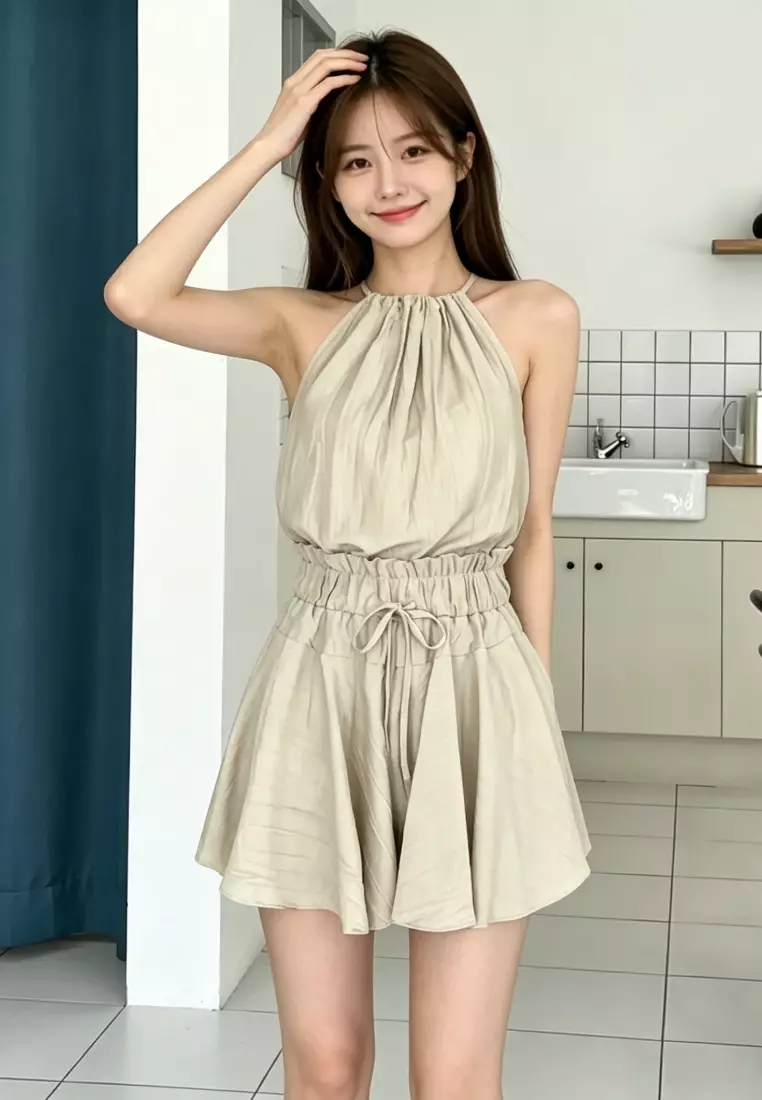 Vacation Style Halter Cami & High Waist Skirt Set CA26041628BE