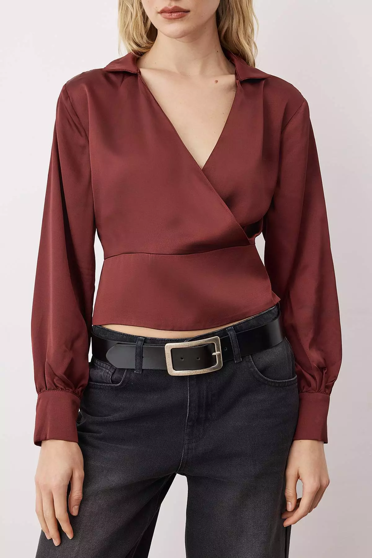 Brick Fitted Satin Woven Blouse