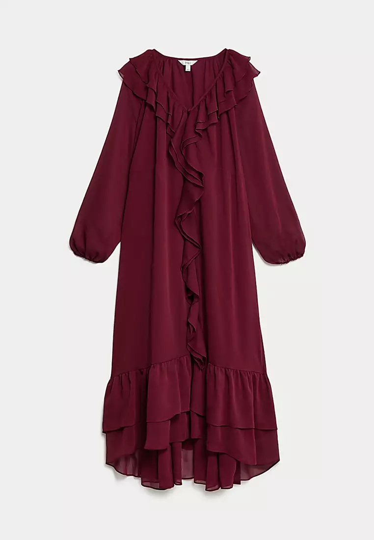 V-Neck Frill Detail Midaxi Smock Dress