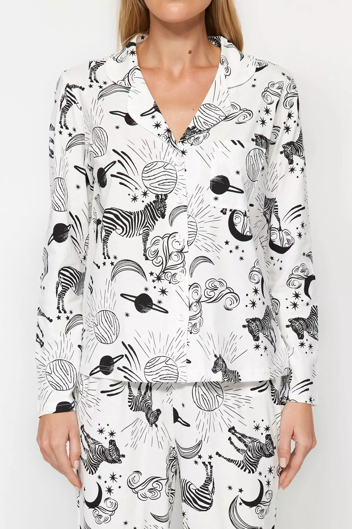 White 100% Cotton Patterned Shirt-Pants Knitted Pajama Set THMAW24PT00002