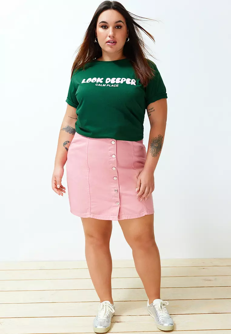 Jual Trendyol Plus Size Button Denim Mini Skirt Original 2025