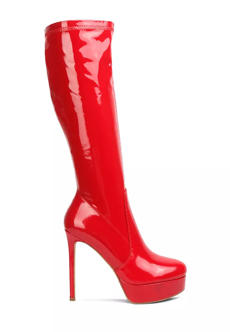 Discount on London Rag  shoes - SKU: Red High Heeled Stretch Patent Calf Boots