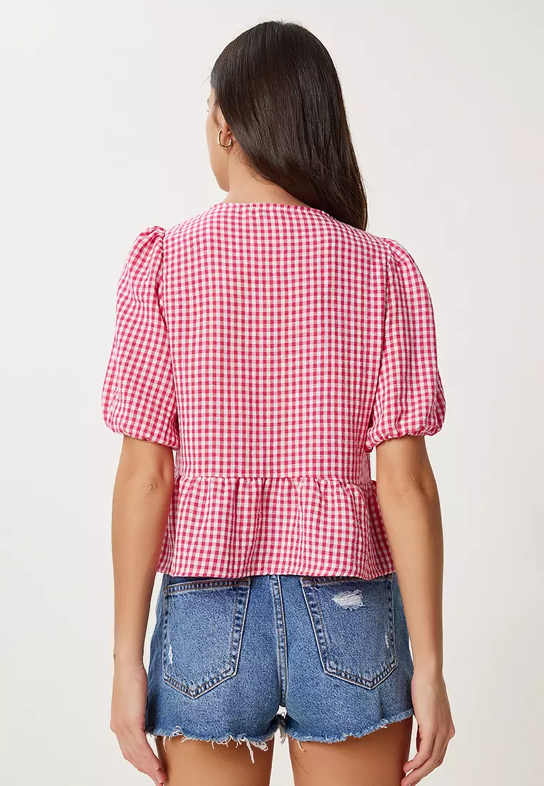 Women's Pink Checkered Binding Detailed Linen Blouse Tp00094