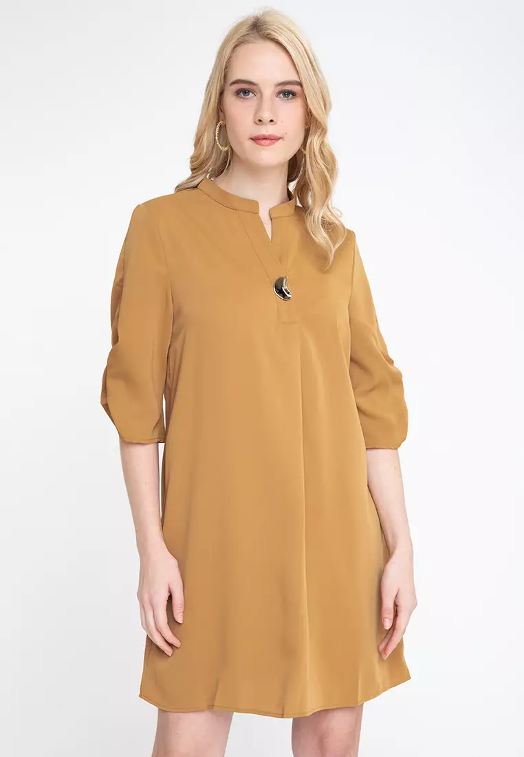 BADOMODA Cansu Mandarin Collar Shirt Dress With Accent Button