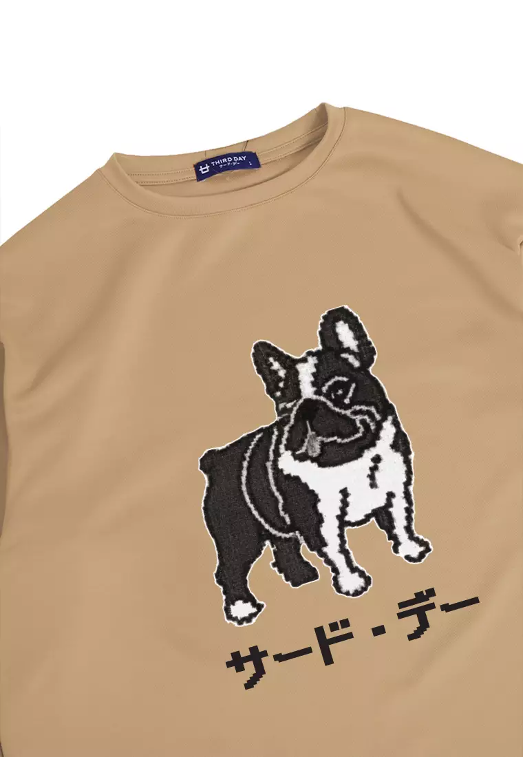 MTO59 kaos oversize gambar anjing bulldog french terry knitted pixel knit bahan scuba tebal khaki