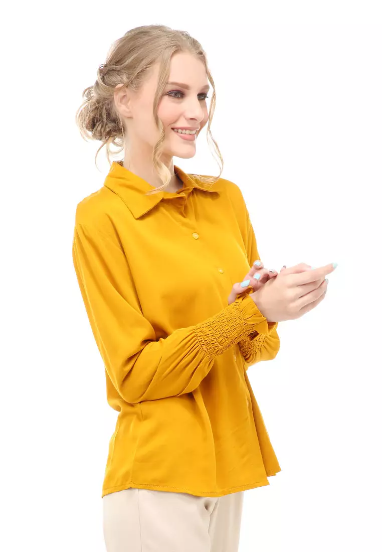 Holly Kemeja Atasan Kasual Wanita Model Lengan Karet Material Twill rayon ORIGINAL - Mustard