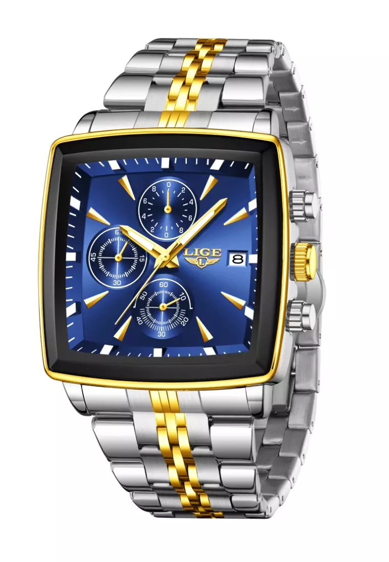 Chronograph Unisex Gold color finished Stainless Steel Quartz Watch 40X40mm, Green Dial, on Bicolor Bracelet