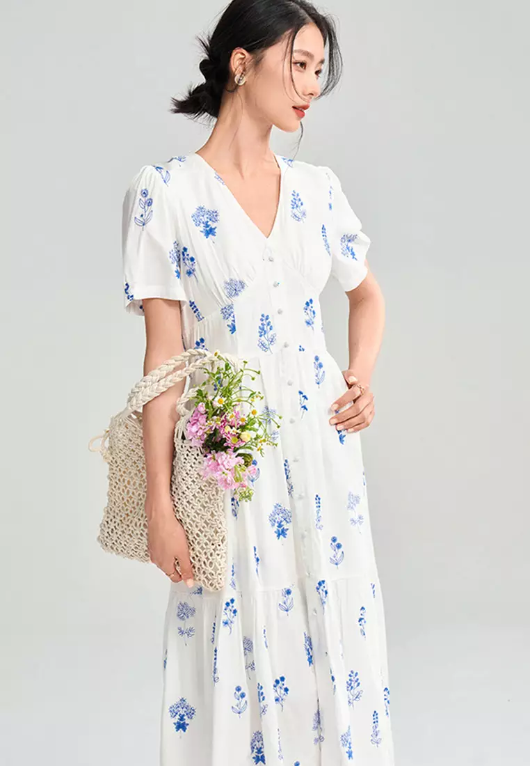 French style pure cotton simple temperament floral dress CA25060367W