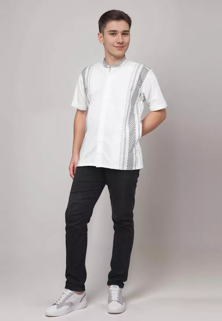 Crocodile KOKO 1113 White - Katun Lengan Pendek Corak Kontemporer Kemeja - Relax Fit