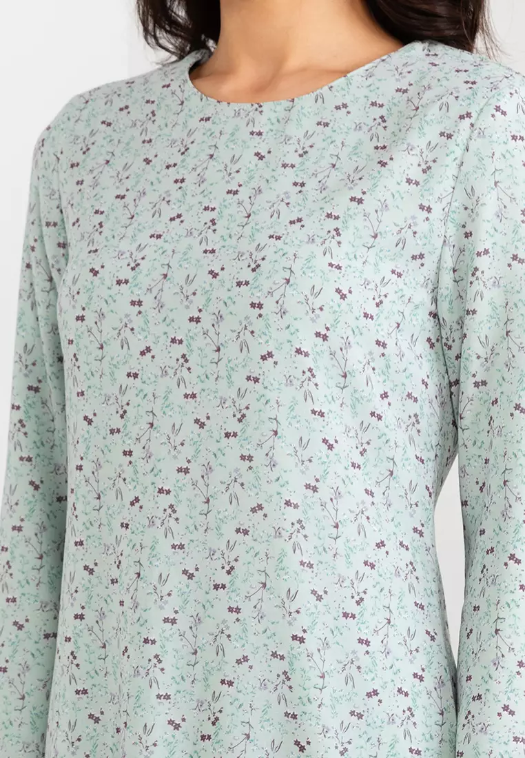 Flowerlet Dusty Mint Green Baju Kurung Moden Chiffon