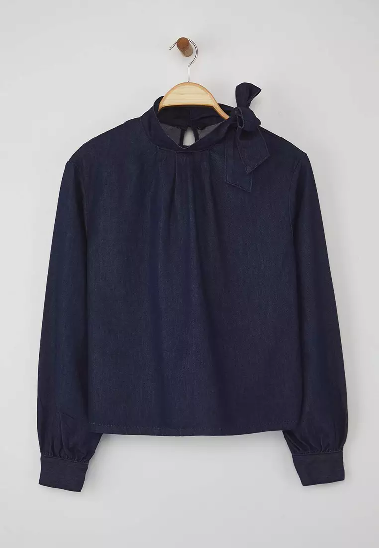 Dark Blue Tie Collar Detailed Denim Blouse Twoaw26Bz00089