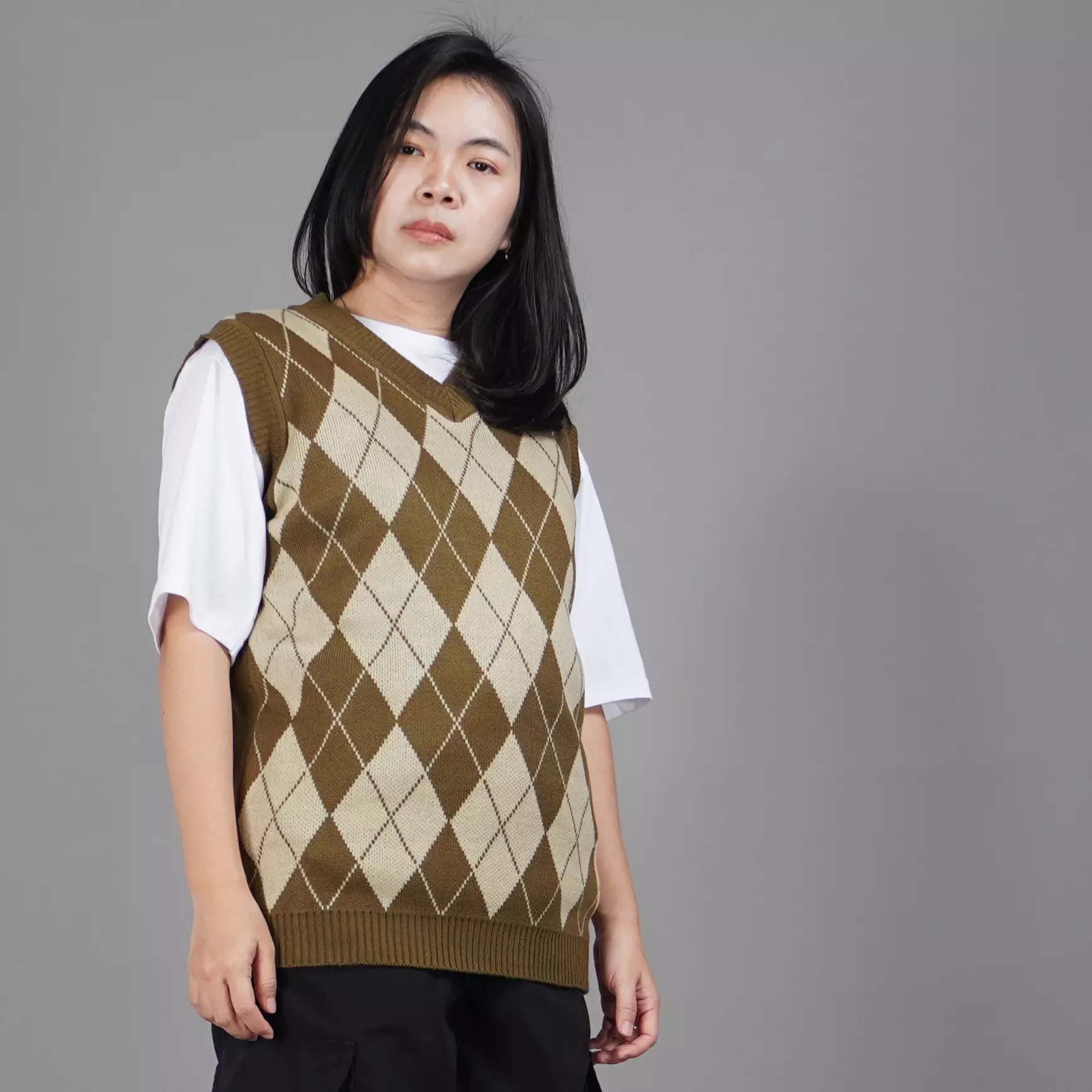 VEST WINDY Kardigan Rajut Motif Ketupat Knit Cardigan - BRONZE