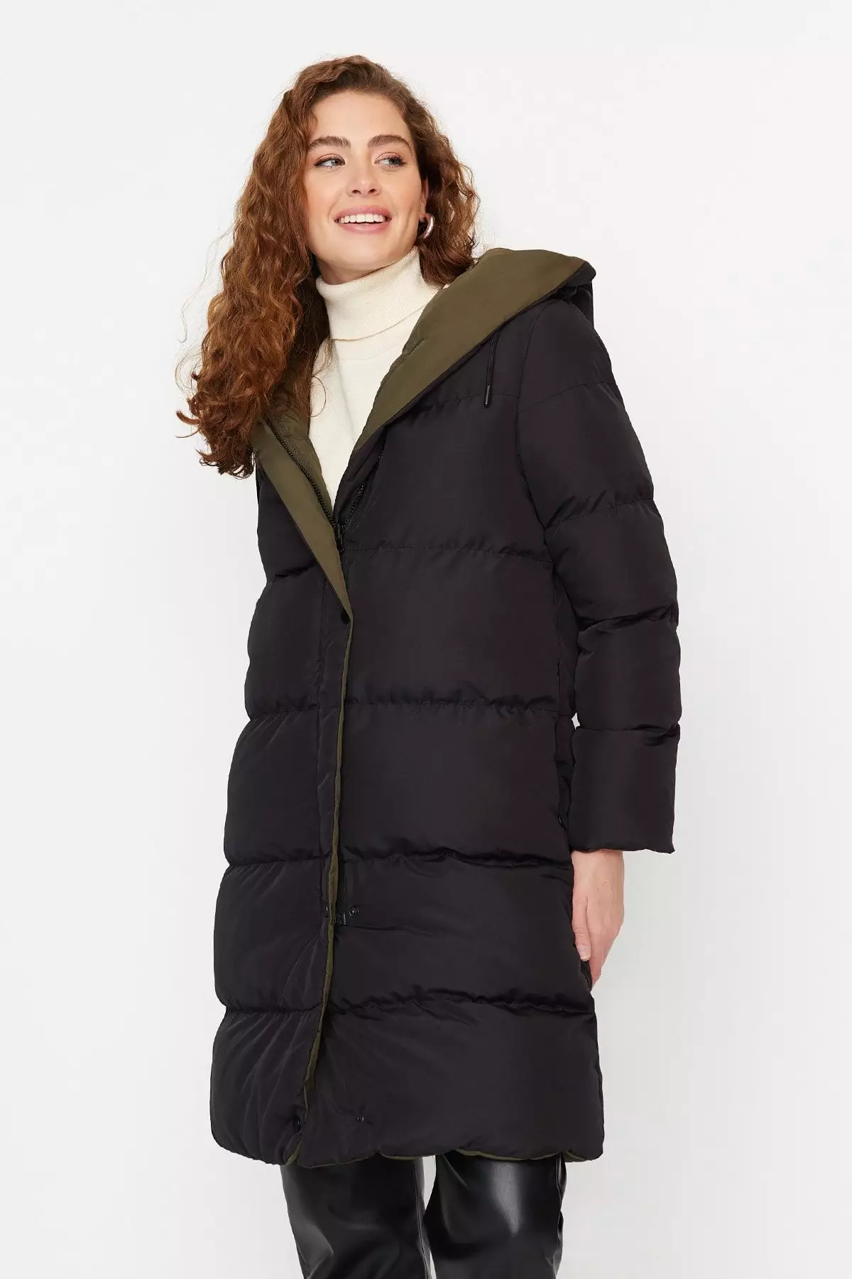 Black-Khaki Double Sided Hooded Water Repellent Long Puffer Jacket TWOAW23MO00052