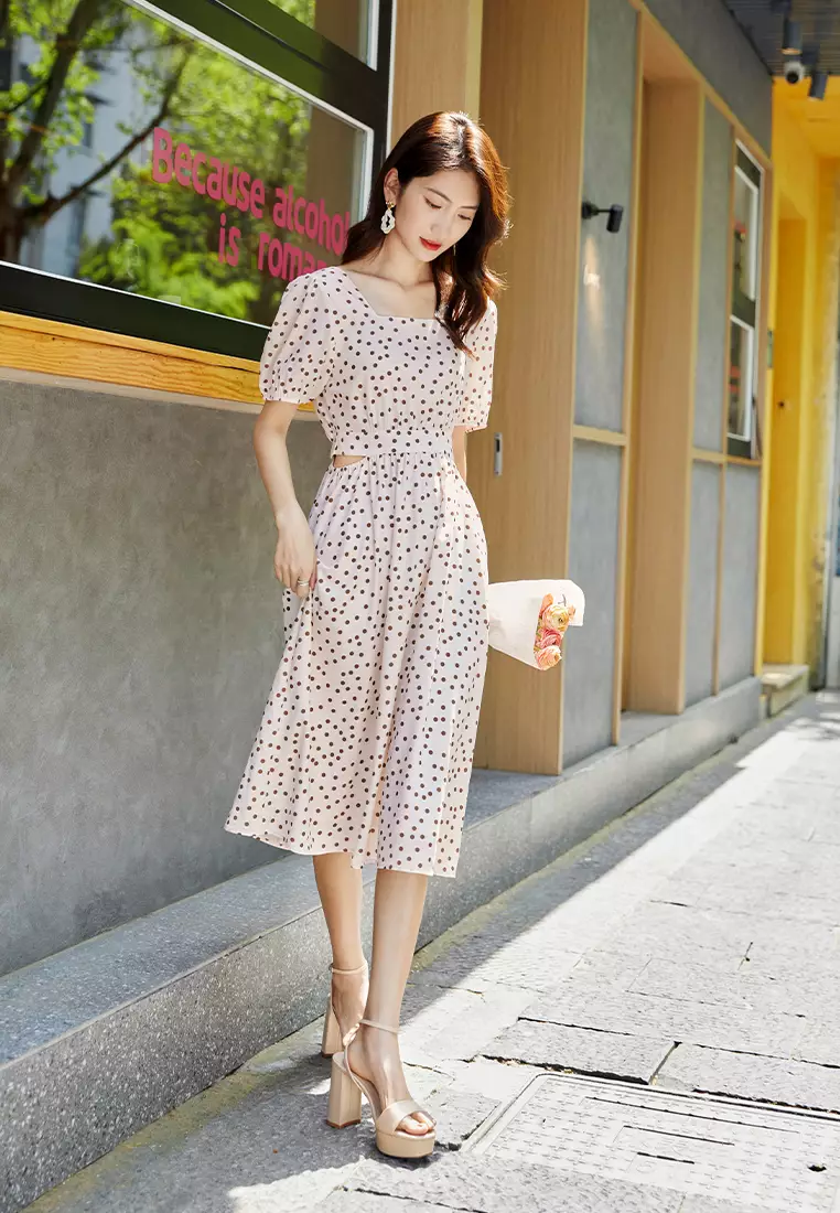 Solid Polka Dot Summer Midi Dress with Back Waist Tie