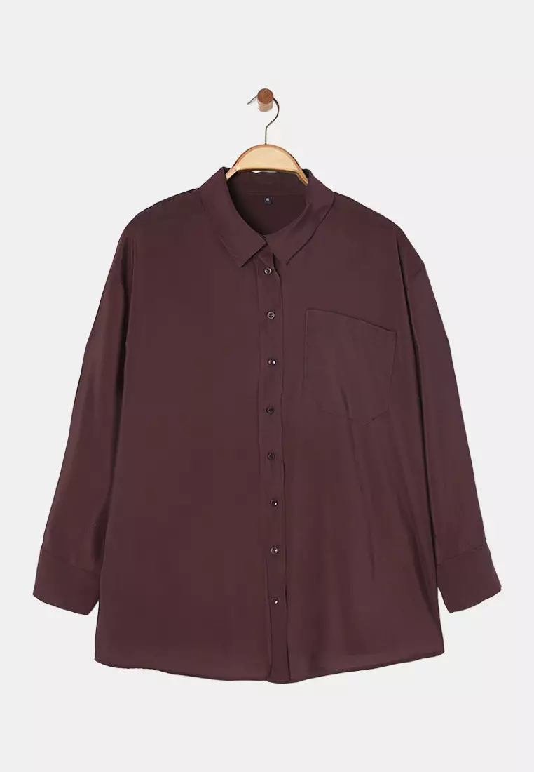 More Sustainable Brown Modal Soft Tuşe Woven Plus Size Shirt Tbbss25Ax00004