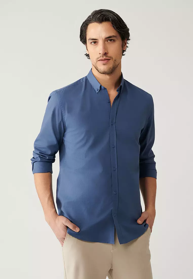 Men's Indigo Button-Down Collar 100% Cotton Linen Textured Shirt E002141