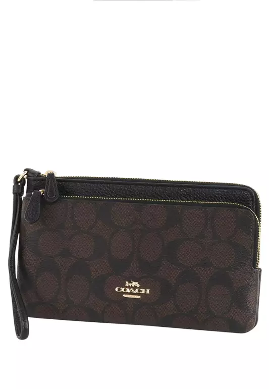 Double Zip Wallet In Signature Canvas - Dark Brown/Black