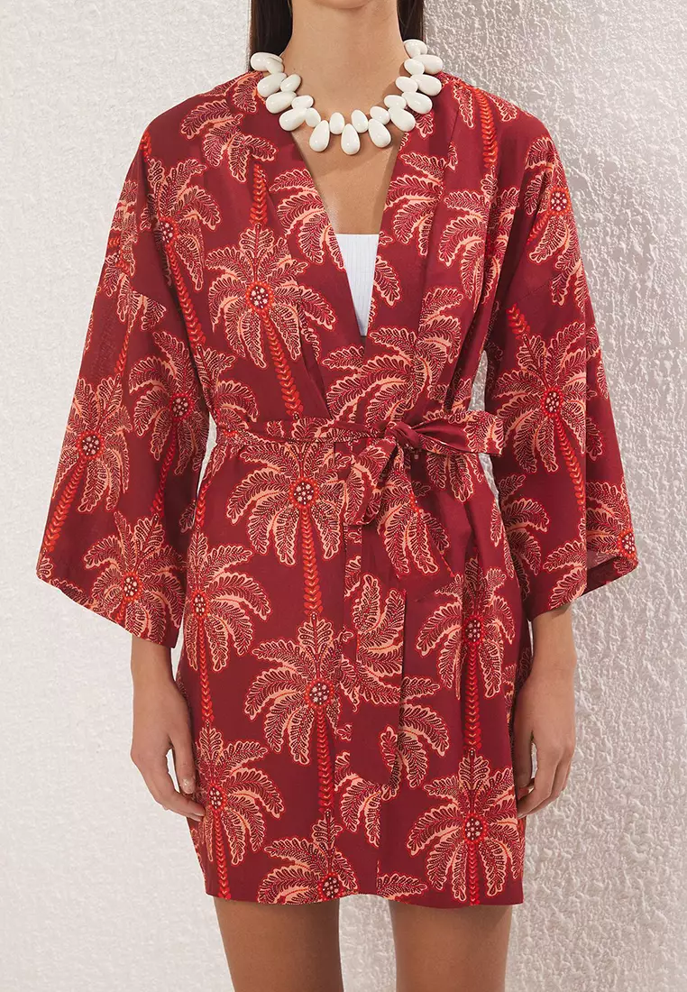 Palm Pattern Woven Midi 100% Cotton Beach Kimono&Kaftan Tbess25Km00029