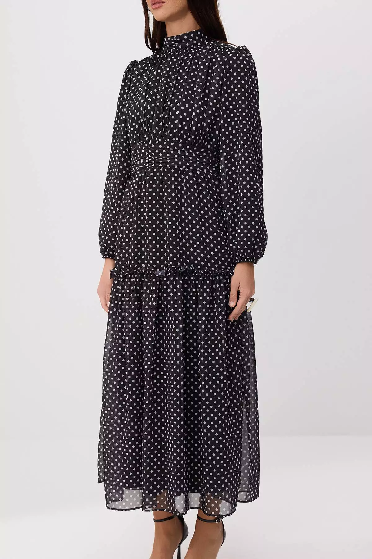 Black-White Lined Polka Dot Woven Chiffon Hijab Dress Tctss25Eb00063