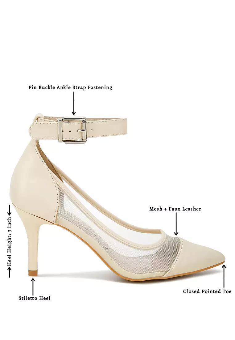 Beige Pointy Toe Ankle Strap Pumps