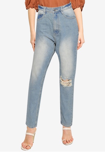MISSGUIDED blue Riot Single Busted Knee Mom Jeans 0909FAAF61A654GS_1