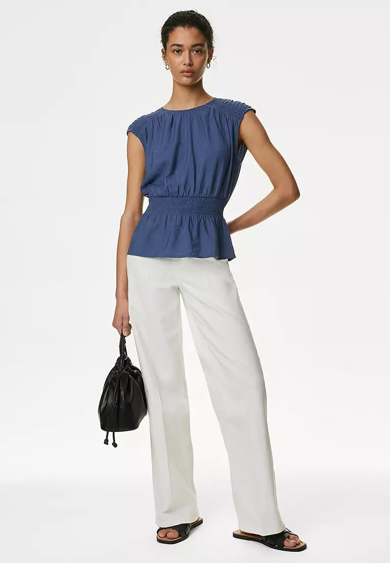 Crew Neck Smocked Shirred Detail Blouse