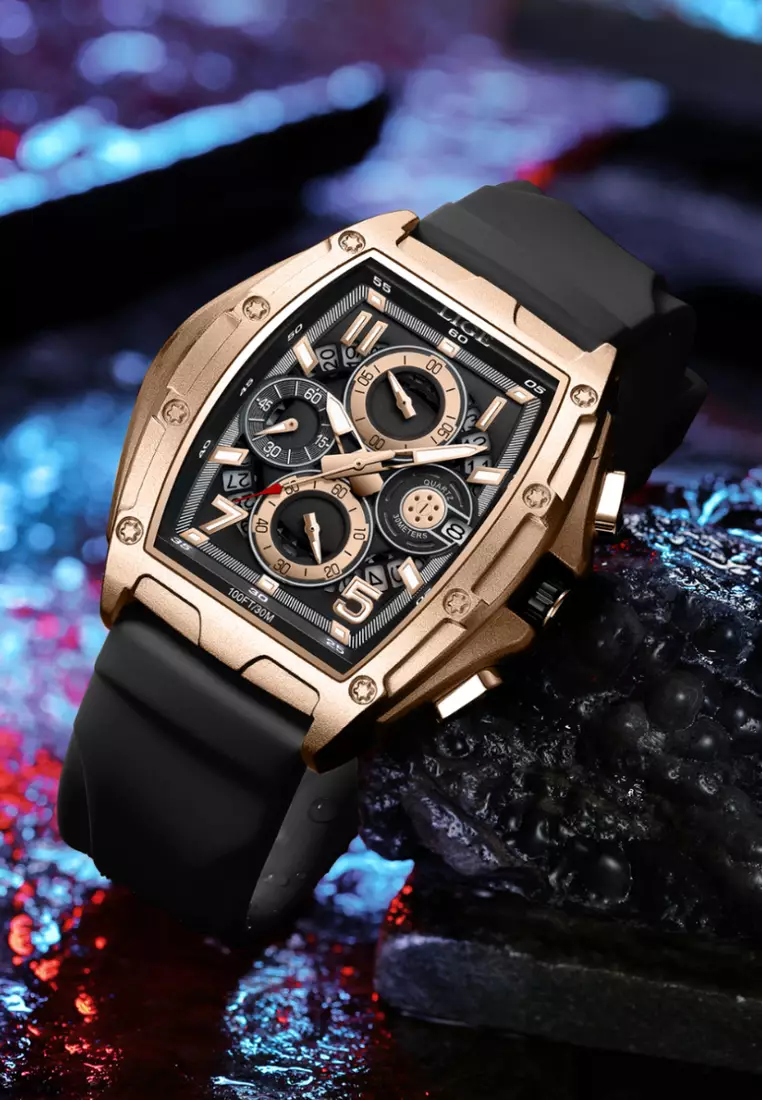 Unisex Tonneau Shaped IP Rose Stainless Steel Quartz Watch on Rubber Strap