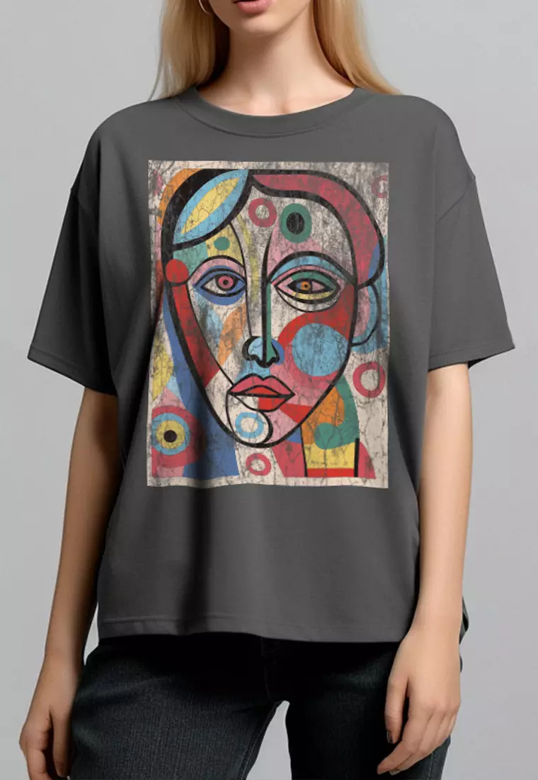 LTF38 kaos oversize wanita dark grey washed efek kaos band grunge distressed "cracked face" abu tua