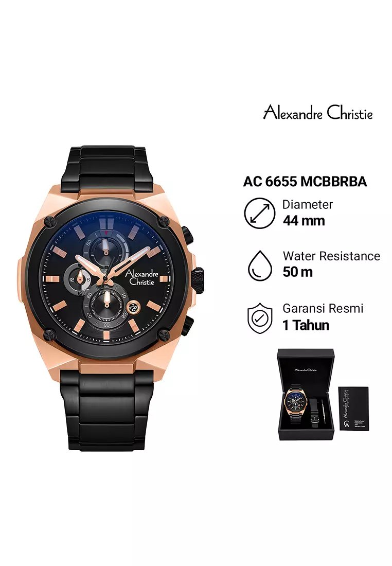 Alexandre Christie - Jam Tangan Chronograph Pria - Rosegold Black - Stainless Steel - 6655MCBBRBA