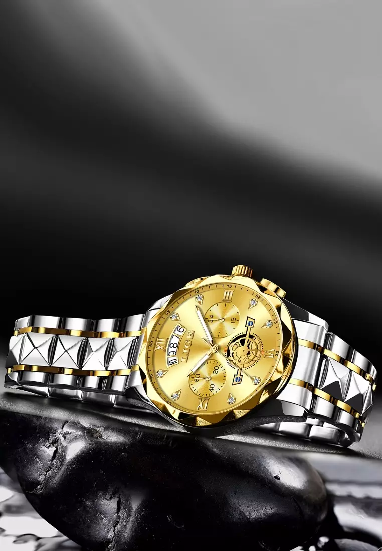 计时码表男女通用 IP 金色和不锈钢石英表，日期，不锈钢表带