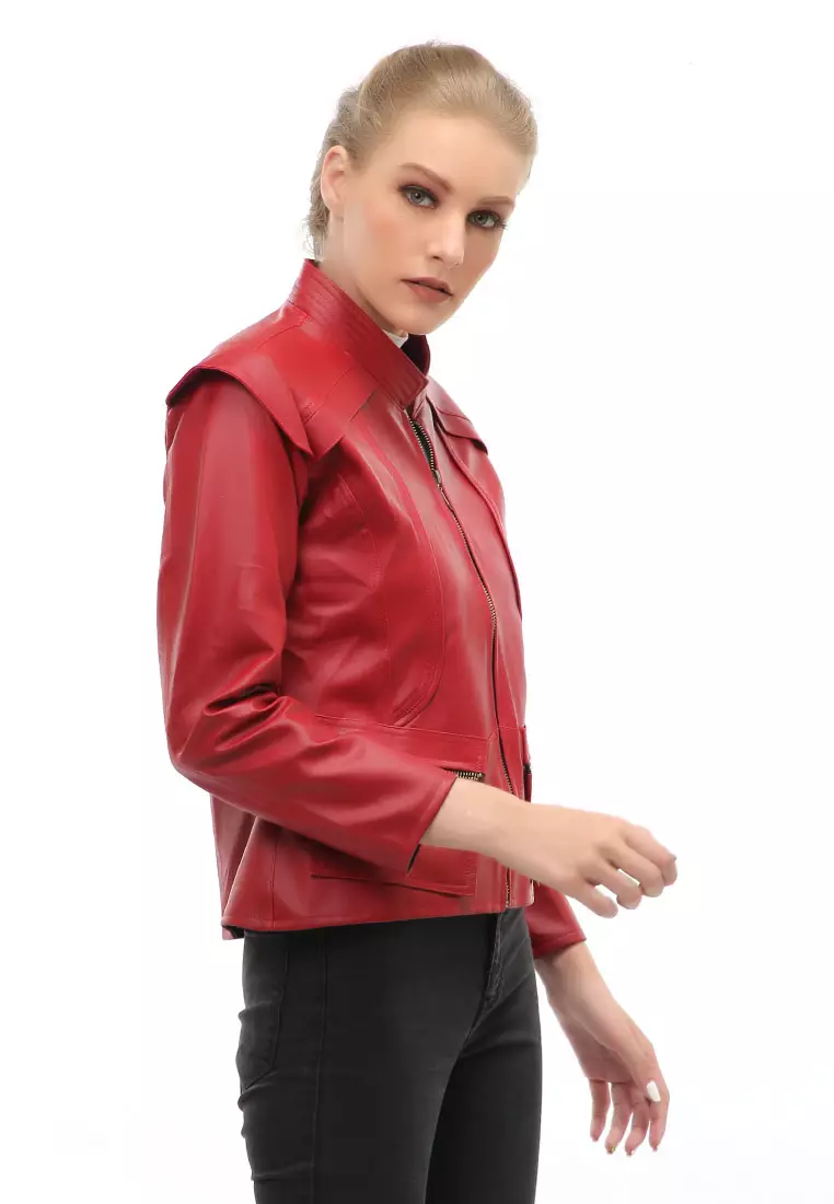 Glenice Jacket Kulit Casual Wanita Zipper Pocket Material Leather ORIGINAL - Red
