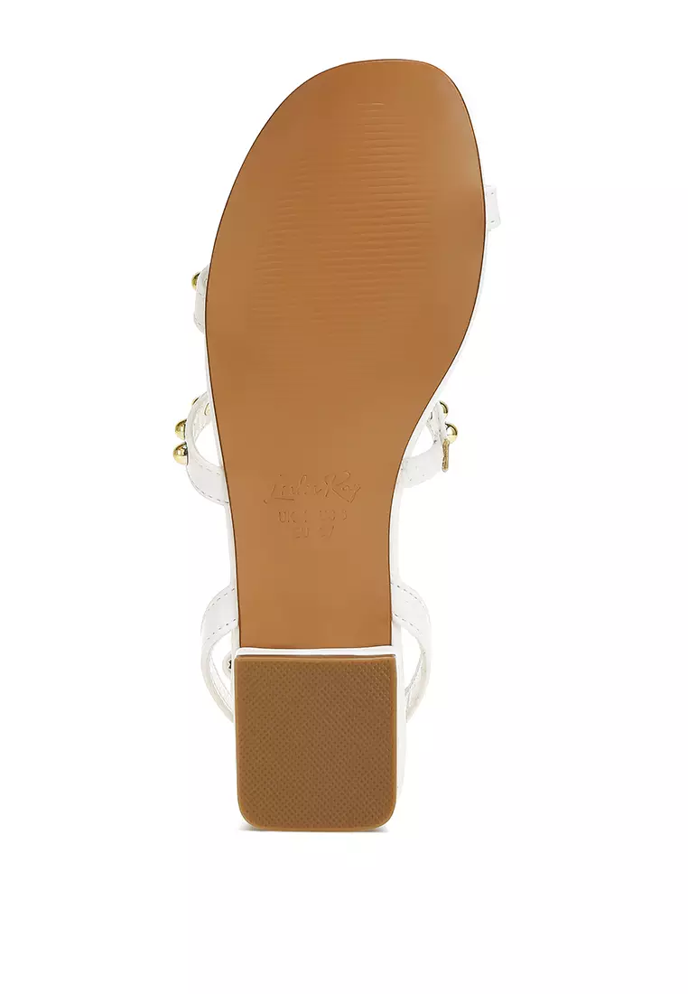 Studded Ankle Strap Flat Sandals in White