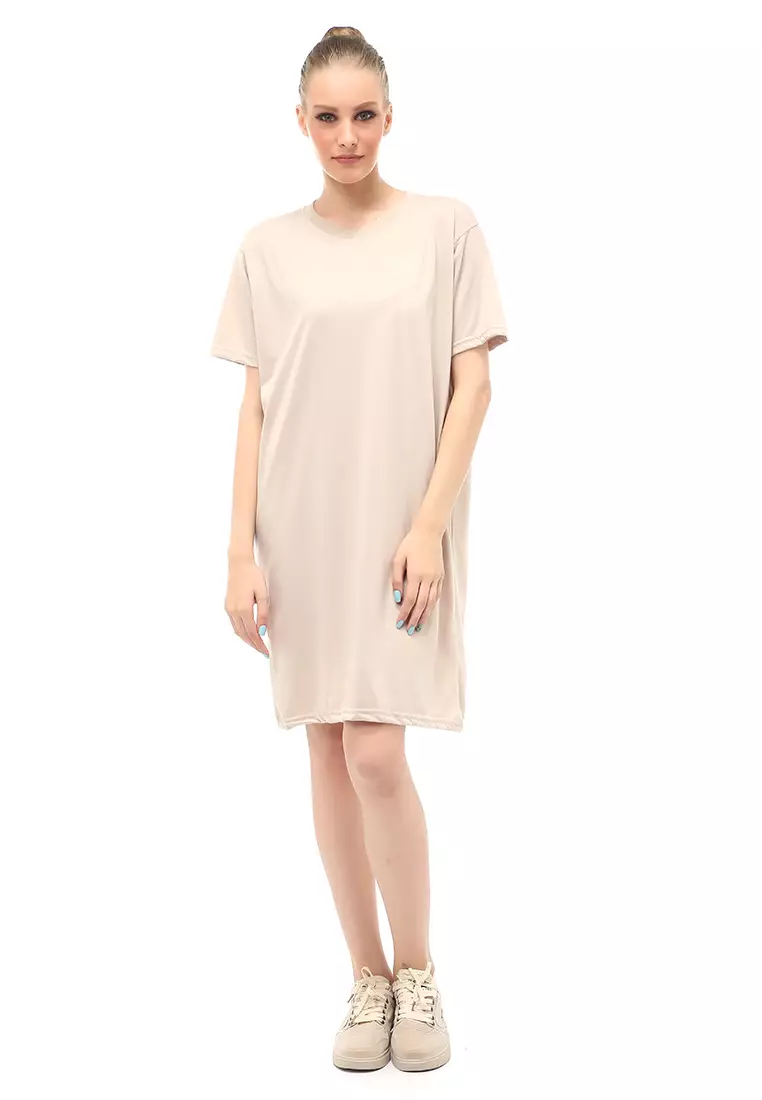 Finch Midi Dress Wanita Short Sleeves Motif Polos - Beige