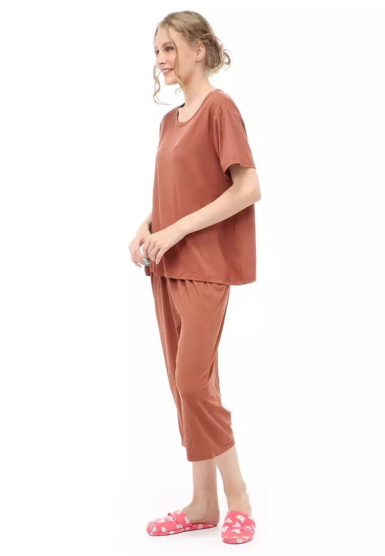 Vance Setelan Piyama Baju Tidur Wanita Celana Pendek 7/8 Material Spandex ORIGINAL - Brown