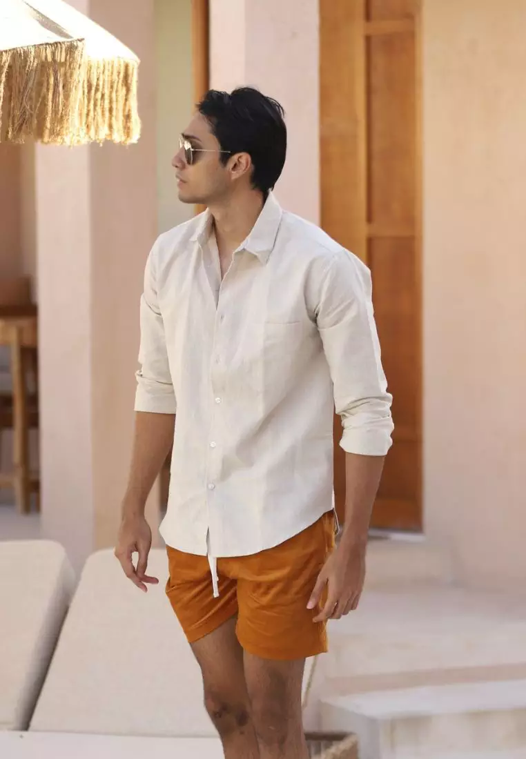 Sand Kemeja Linen Lengan Panjang Pria Cream | Linen Long Sleeve Shirt Men Cream