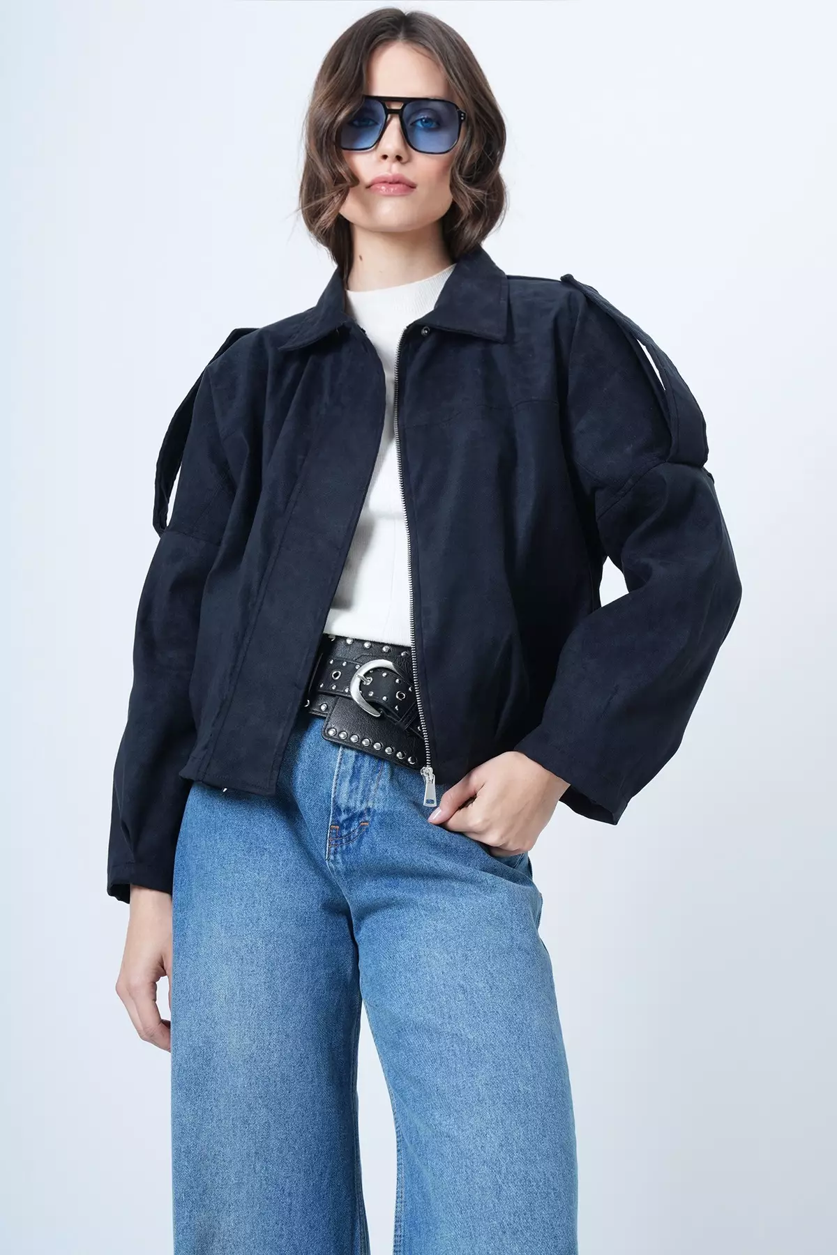 Navy Blue Shoulder Epaulettes Lined Faux Suede Bomber Jacket Alc-X14526