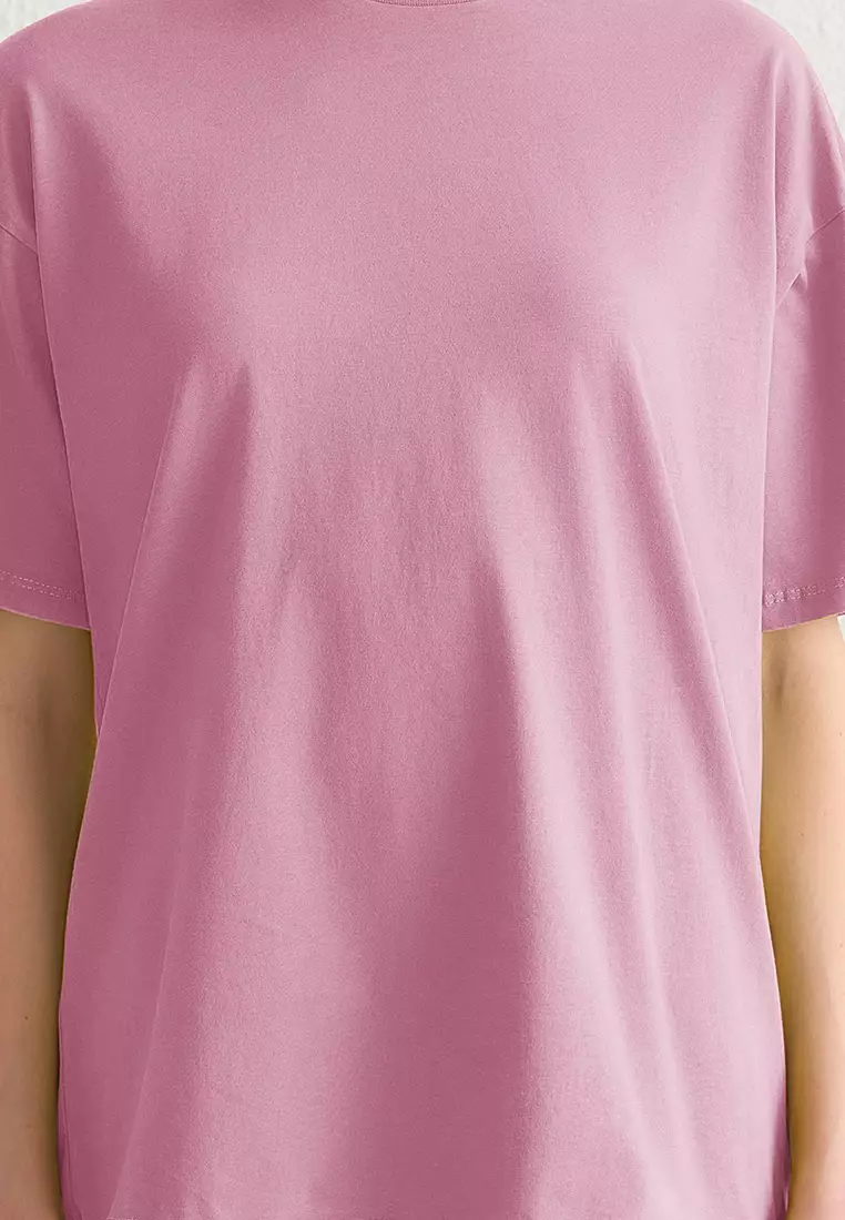 Light Pink 100% Cotton Crew Neck Oversize/Wide Pattern Knitted T-Shirt Twoss20Ts0134