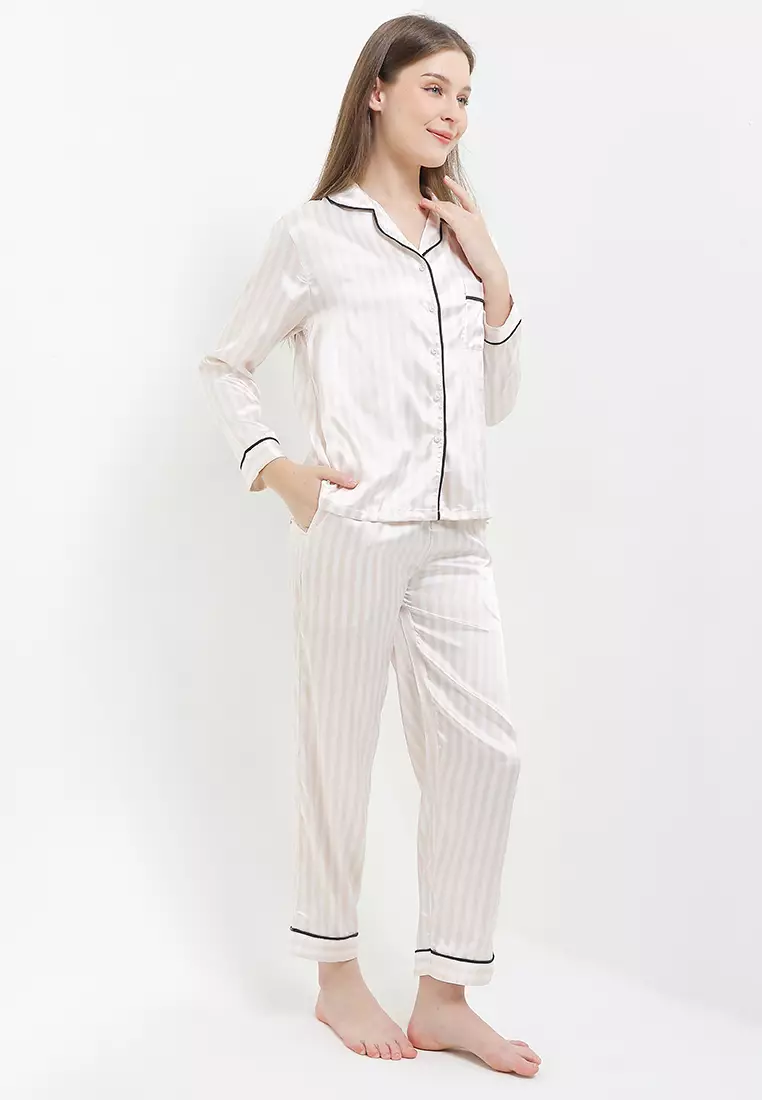 Piyama Pyjama Baju Tidur Satin Silk Long Sleeve Long Pants Berkantong Baju Celana Sleepwear