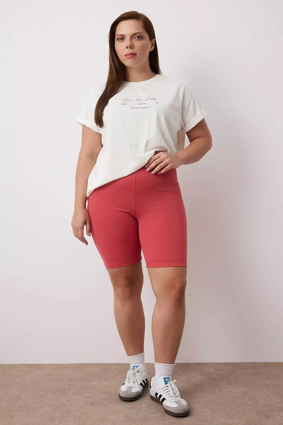 Anthracite-Dry Rose High Waist 2-Pack Biker Ribbed Knit Plus Size Leggings Tbbss24Bv00000