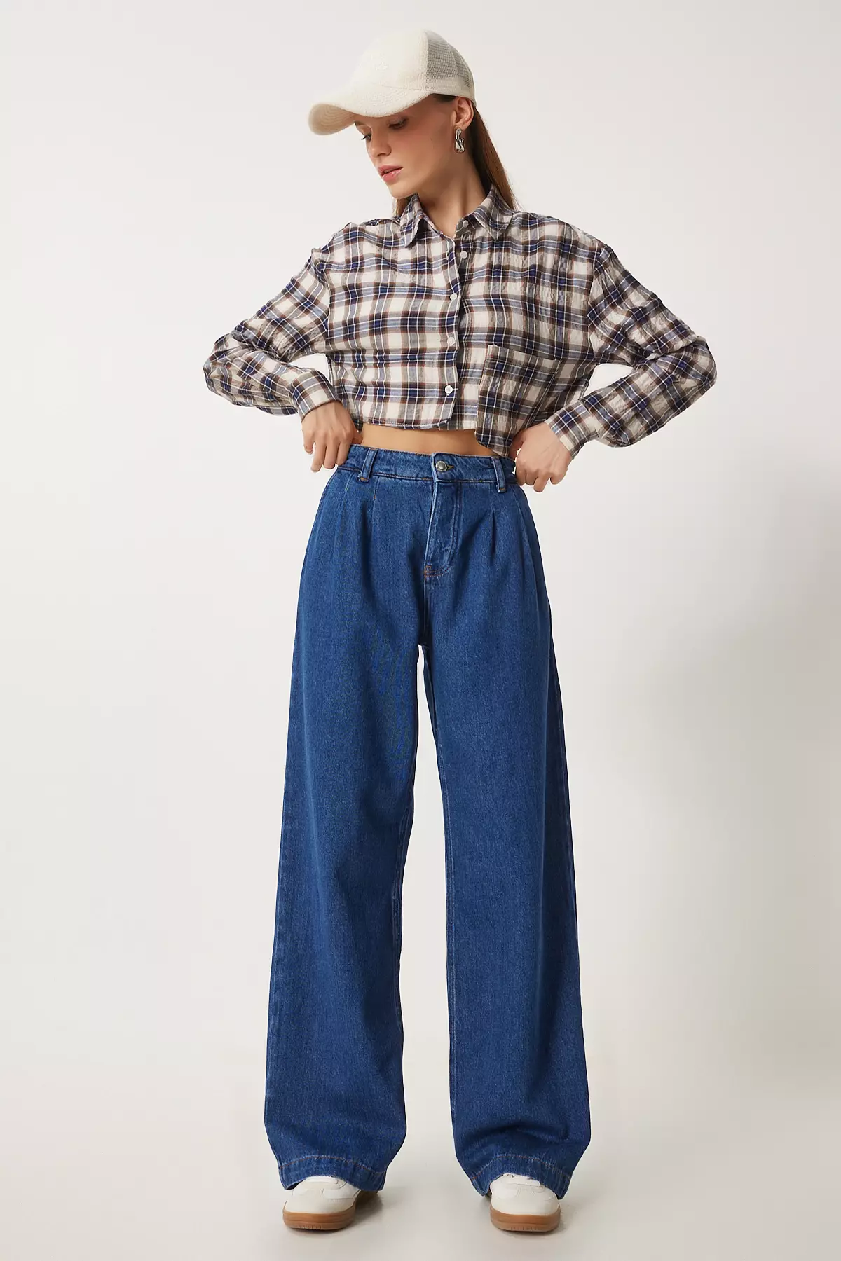 Women's Dark Blue High Waist Wide Leg Jeans Rh00031