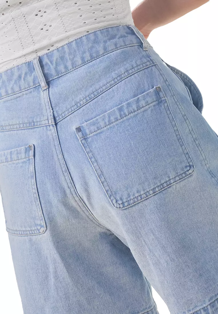 Denim Wide Leg Shorts With Yoke Detail