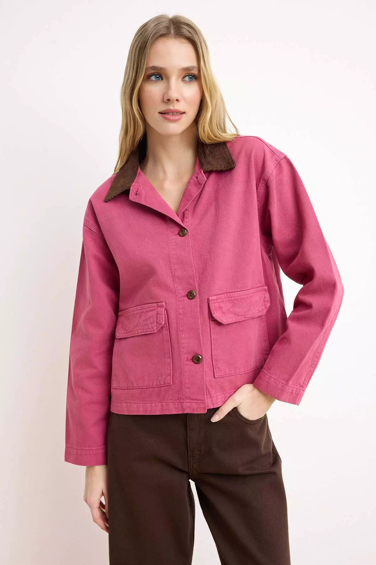 Buy Trendyol Pink Corded Fabric Denim Shirt Jacket With Velvet