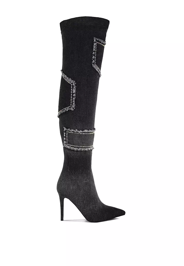Rhinestones Knee High Denim Boots in Black