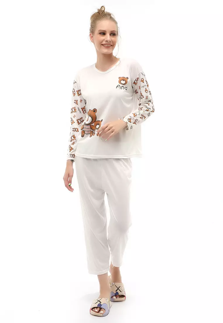 Vance Setelan Piyama Baju Tidur Wanita Lengan Panjang Motif And Bear Material Cotton ORIGINAL - White Cream